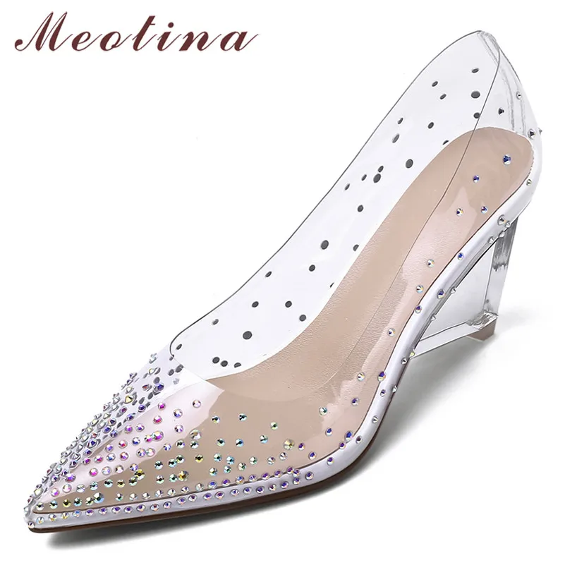 

Meotina High Heels Women Pumps Transparent Strange Style High Heels Shoes Fashion Rhinestone Pointed Toe Shoes Ladies Size 33-41
