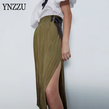 

High street Women Pleated Midi skirt 2020 New Sexy Split Female Sashes High street Green Satin Long skirt Fashion YNZZU YB433