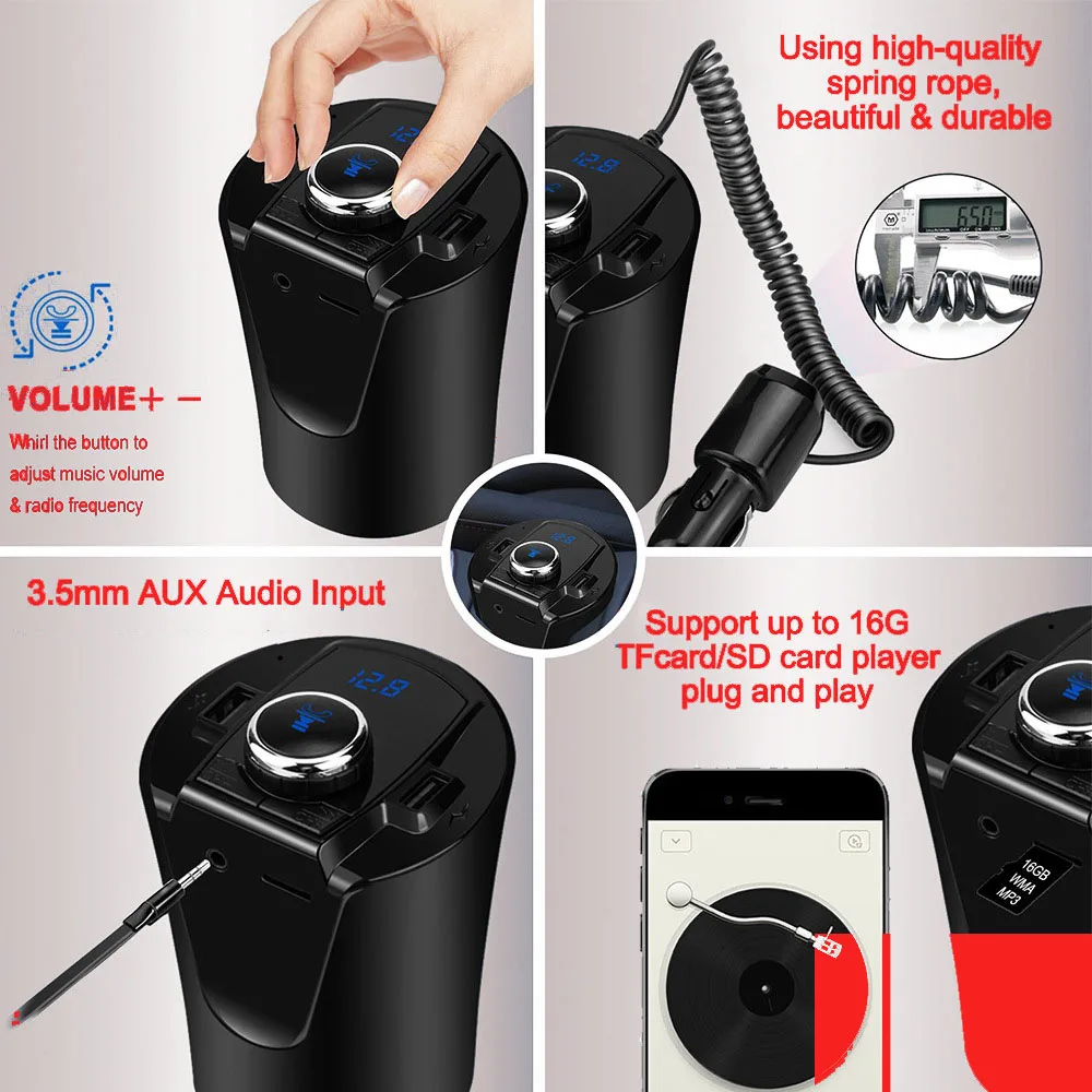 Автомобильный Bluetooth fm-передатчик, музыкальный плеер, подстаканник, Hands Free, поддержка звонков, U диск, TF карта, двойное USB зарядное устройство, музыкальный плеер 5