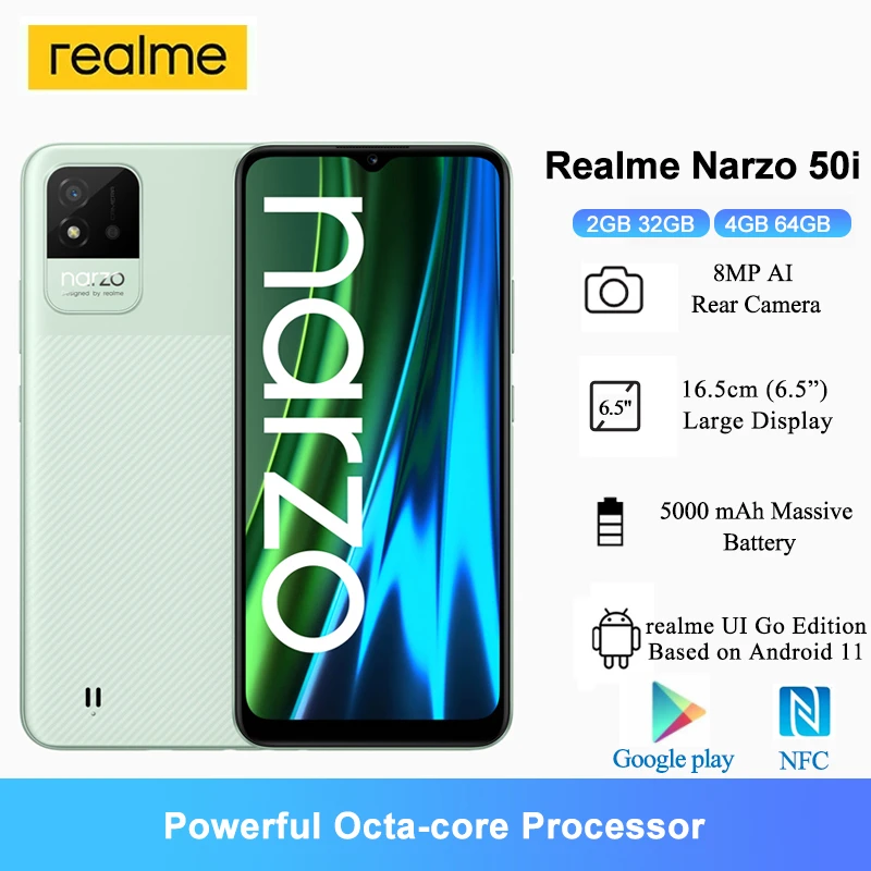 Realme Narzo 50i Global Version NFC Smartphones 6.5" HD+ 5000mAh Octa-core Processor 8MP AI Camera Cellphones 4GB Ram 64GB Rom recommended cell phone for gaming