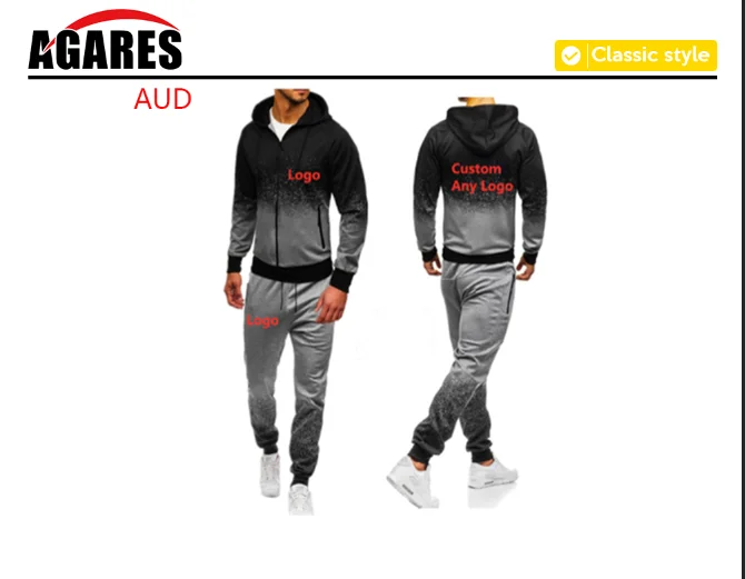 For Men's Design Logo Hoodies Harajuku Man Gradient color Hooded Fleece zipper Jacket Sweatshirt Sweatpants Suit 2pcs - Цвет: grey