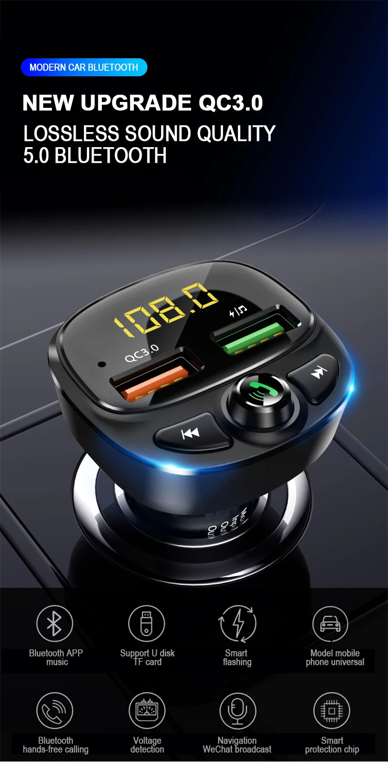 Автомобильный fm-передатчик Bluetooth 5,0, беспроводной комплект для громкой связи, Автомобильный MP3-плеер, быстрая зарядка, двойное USB Автомобильное зарядное устройство, fm-модулятор