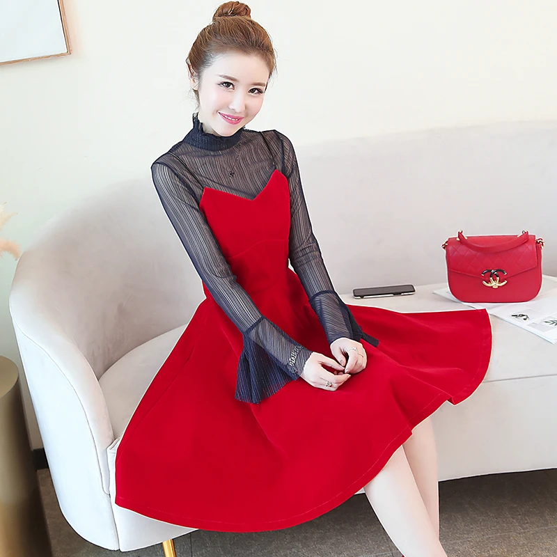 

Winter Lace Dress Work Casual Slim Fashion stand collar Sexy see through Hollow Out black and Red Dresses fake 2 pcs dress 883B