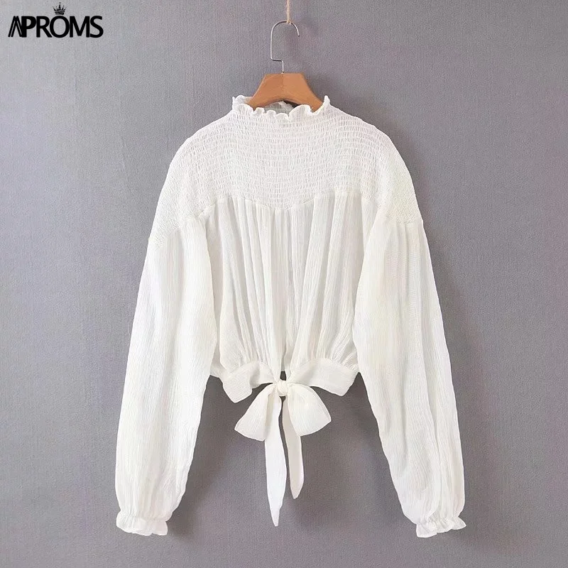 Aproms, шифоновая блузка в мелкий горошек, рубашка, женская, элегантная, длинный рукав, галстук-бабочка, с рюшами, топ, осень, плиссированный пуловер, рубашка - Цвет: Белый