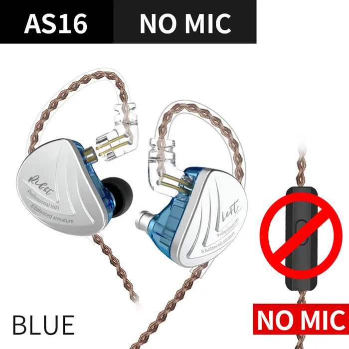 blue no mic CCAKZ AS16 16BA блоки сбалансированные арматурные Hifi бас в ухо монитор наушники шумоподавление наушники для телефона - Цвет: blue no mic