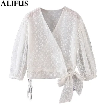 

Fashion Za Women Shirt 2019 Sweet Floral Embroidery Casual V Neck Shirts Blouses Three Quarter Sleeve Female See Through Tops