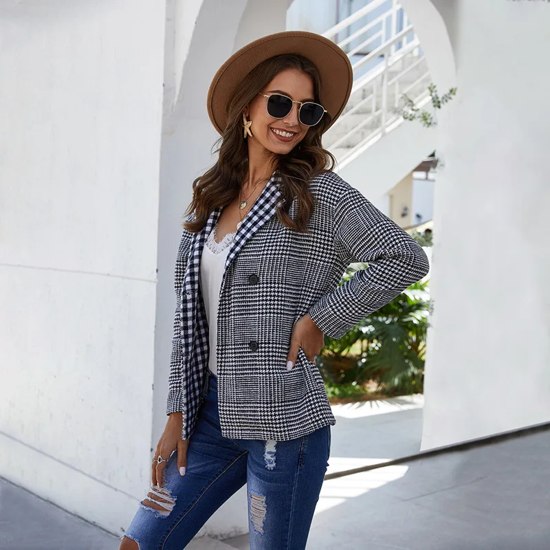 Hot sale 2019 Autumn Winter new wool coat women plaid double-row button Full sleeve lapel fashion Loose woolen small suit coats