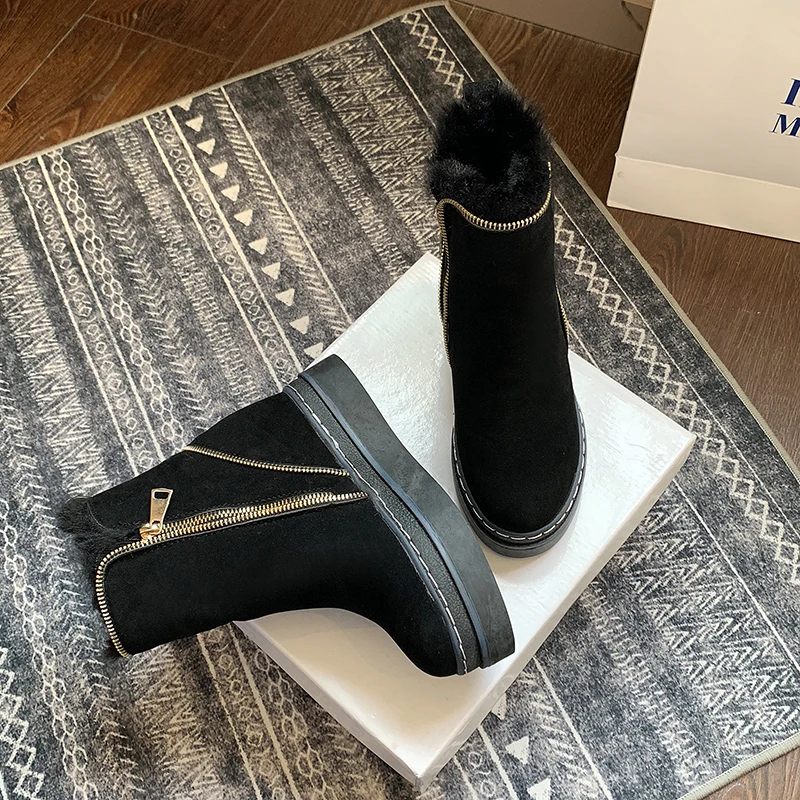 Rimocy/Черные ботильоны для женщин; коллекция года; зимняя плюшевая теплая обувь на меху; Платформа 4 см; средний каблук; bottes femme; модные зимние ботинки на молнии