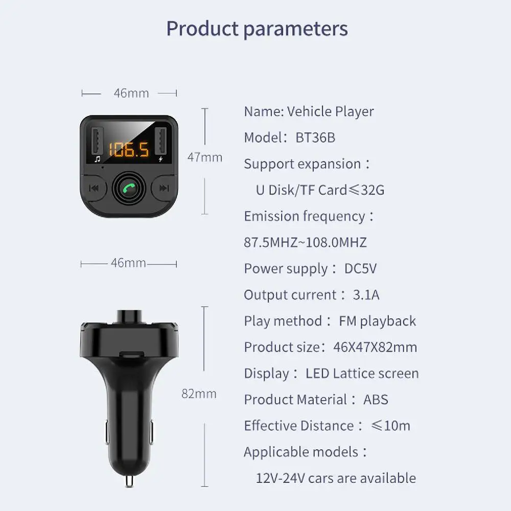 Автомобильное USB двойное USB зарядное устройство BT36B Bluetooth 5,0 автомобильный комплект MP3-плеер fm-передатчик с громкой связью музыкальный аудио приемник