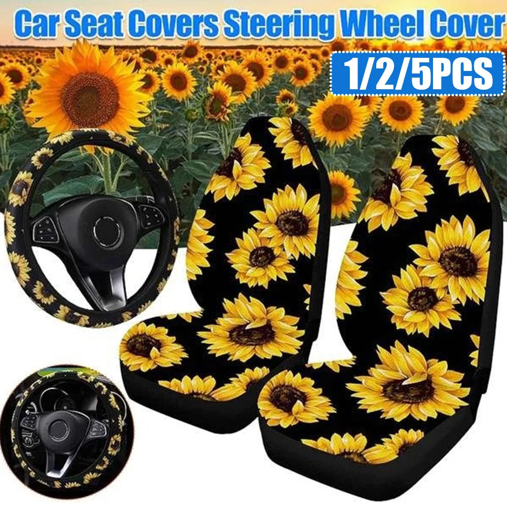

Universal Car Seat Cover Polyester Fabric Car Seat Covers Steering Wheel Cover Sunflower Print Cushion Car Interior Accessories