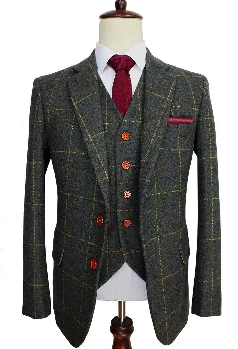 Wool Blend Ckeck Tweed Men Wedding Suit Groom Tuxedo Suit Blazers Retro Tailor