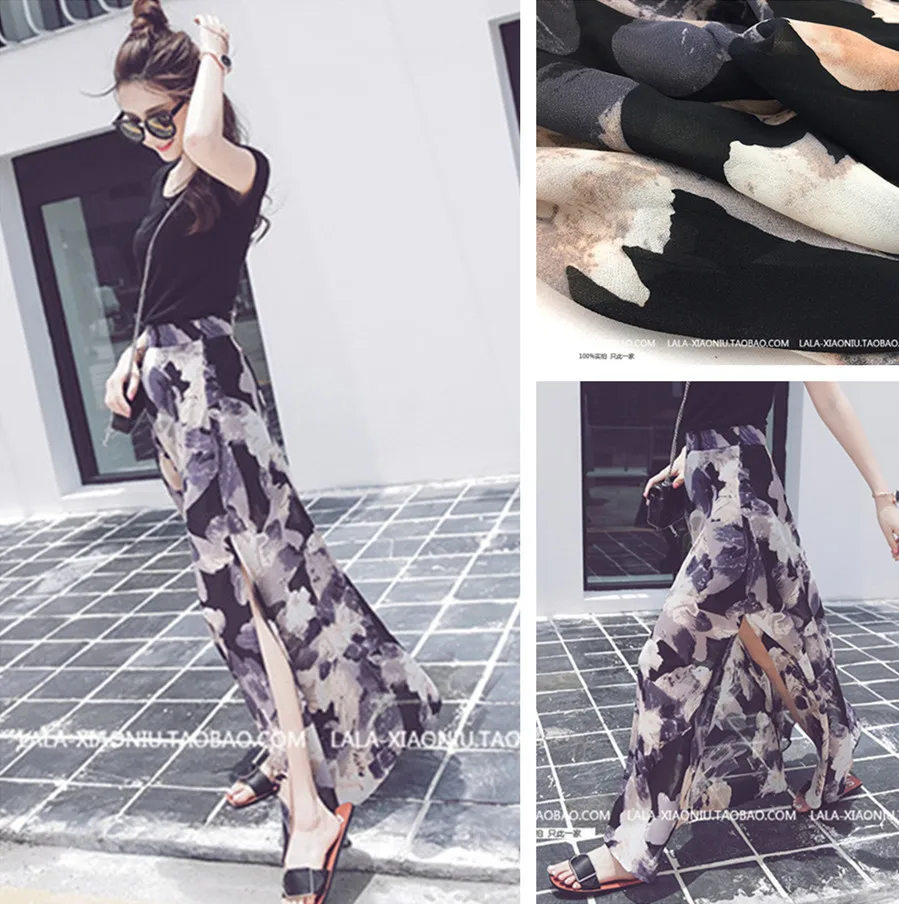 

2019 New Style Summer Wear Korean-style Retro Side Slit Ink Flower Chiffon Maxi Dress
