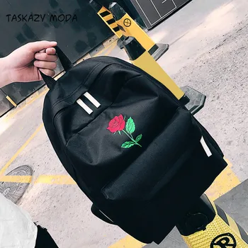 

Backpack Women Canvas Rose Flower Embroidery Student Teenage Girls School Backpack Travel Bag Black Rucksack Mochila Feminina