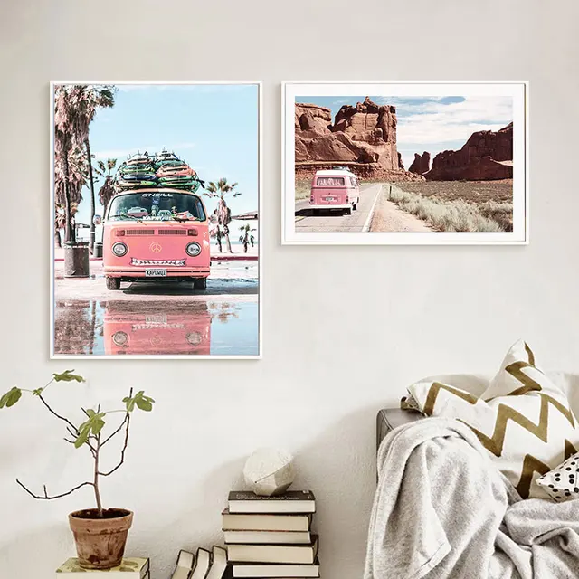핑크 비치 하늘 풍경 포스터 북유럽 아트 인쇄 해변 풍경 캔버스 회화 여행 자동차 벽 그림 거실 장식