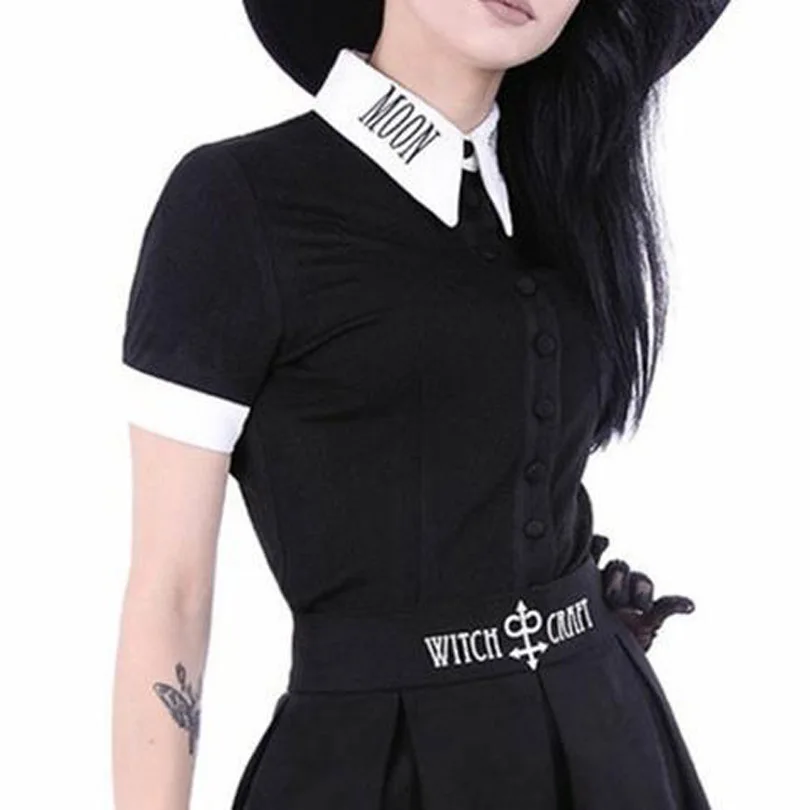 Top Blouse Женские летние юбки в стиле Харадзюку, панк-рок, готика, с принтом ведьмы и Луны, мини-юбка с высокой талией, плиссированная мини-юбка для готических девушек - Цвет: Top Blouse