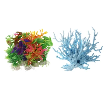 

10 x Mixed Artificial Aquarium Fish Tank Water Plant Plastic & 1x Aquarium Fish Tank Light Blue Artificial Plastic Coral