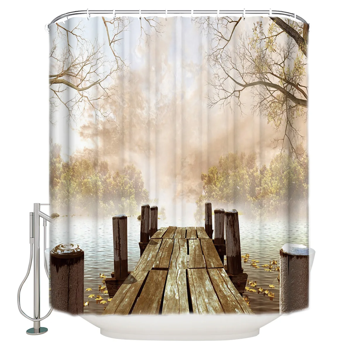 Quiet Wooden Bridge Print Waterproof Shower Curtain Polyester Fabric
