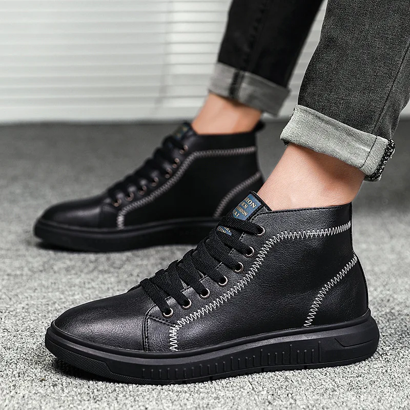 

High-top Board Shoe Men's Yards 47 Black And White with Pattern Extra-large No. 45 Autumn High State Casual Leather Shoes 46 Ext