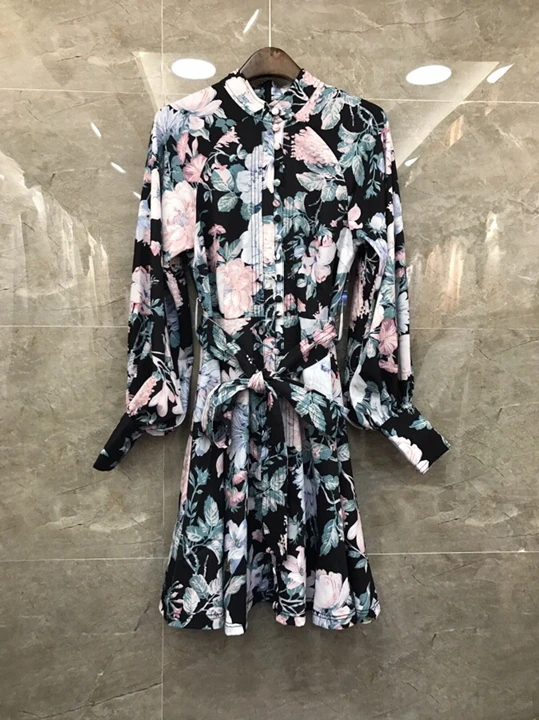 

2019 Early autumn new style dress 911 with round collar embroidery pattern, color matching tie, waist and long sleeve