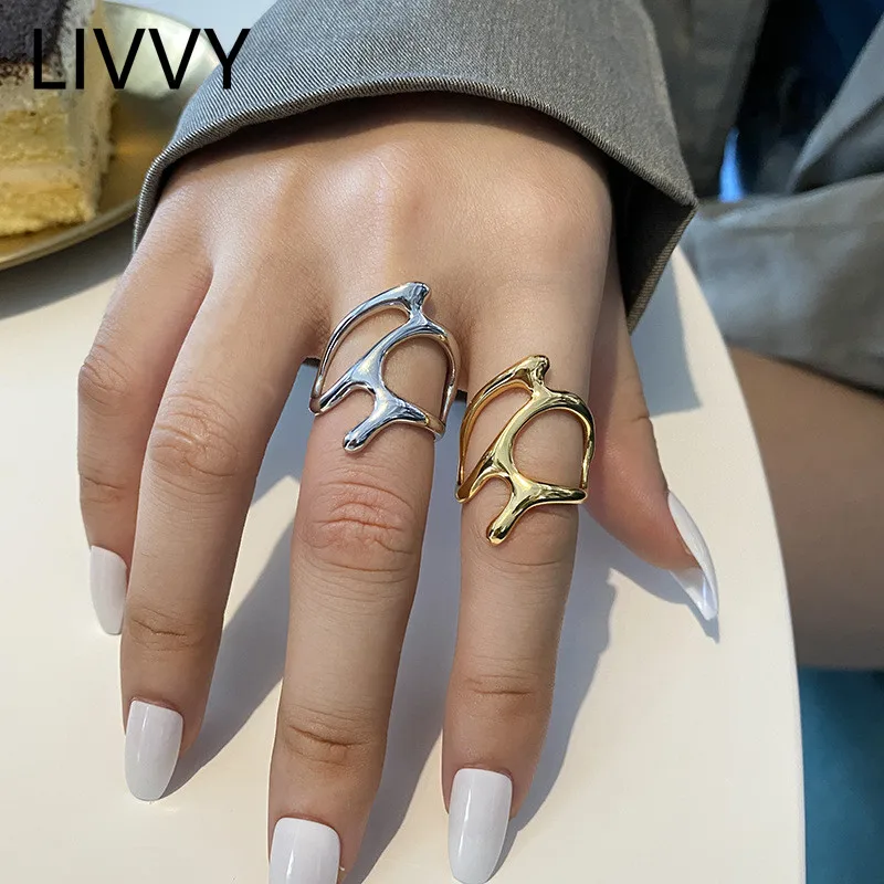 LIVVY Silver Color New Trend Vintage Elegant Irregular Hollow Branches Adjustable Rings for Women Fine Party Jewelry