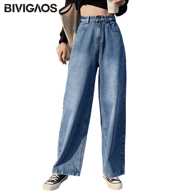 

BIVIGAOS 2019 Fall New Wide Leg Jeans Women Loose Retro High Waist Straight Denim Pants Hole Trousers Boyfriend Jeans For Women