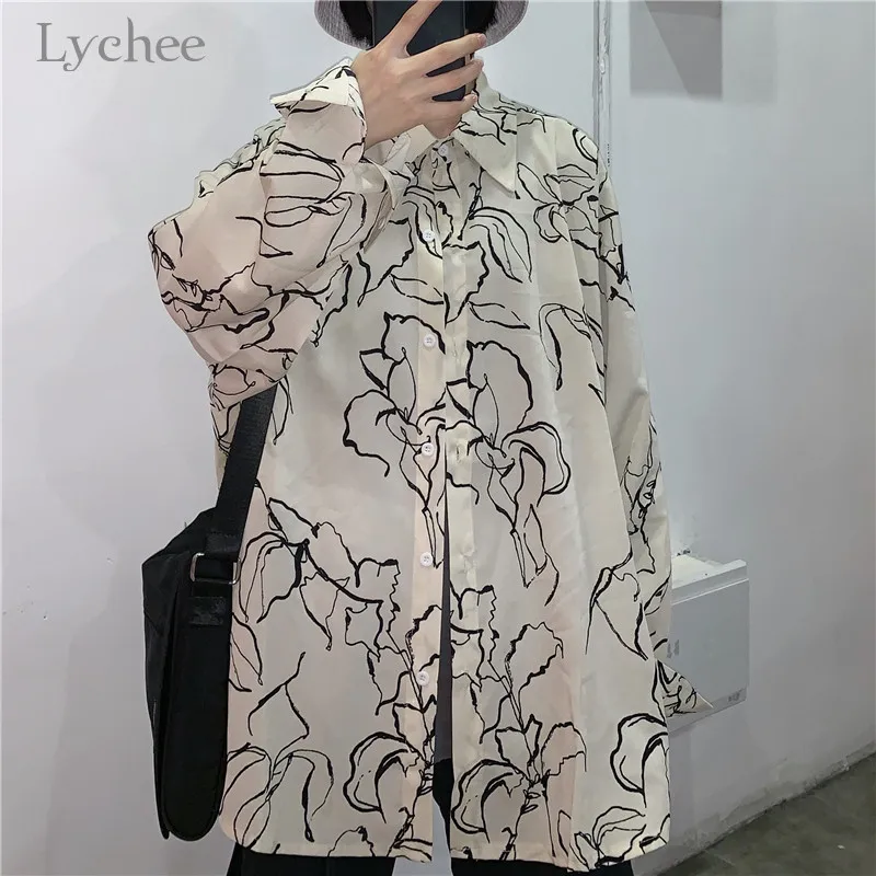 Lychee Harajuku, темная полоска, женская блузка, рубашка, весна, полный принт, длинный рукав, женские блузки, большие пуговицы, женские Рубашки, Топы