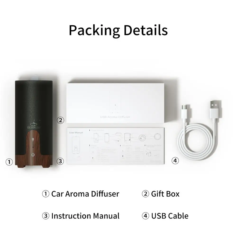 GX.Diffuser Ultrasonic Car Humidifier USB Essential Oil Diffuser Alloy Portable Mini Car Aroma Diffuser Mist Maker with LED Lamp