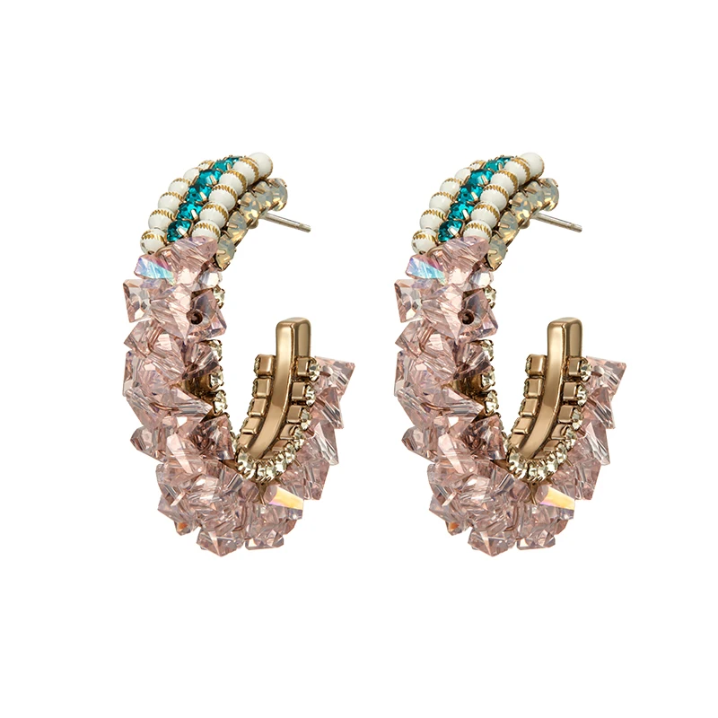 

Handmade semi-circular pink crystal high-grade earrings
