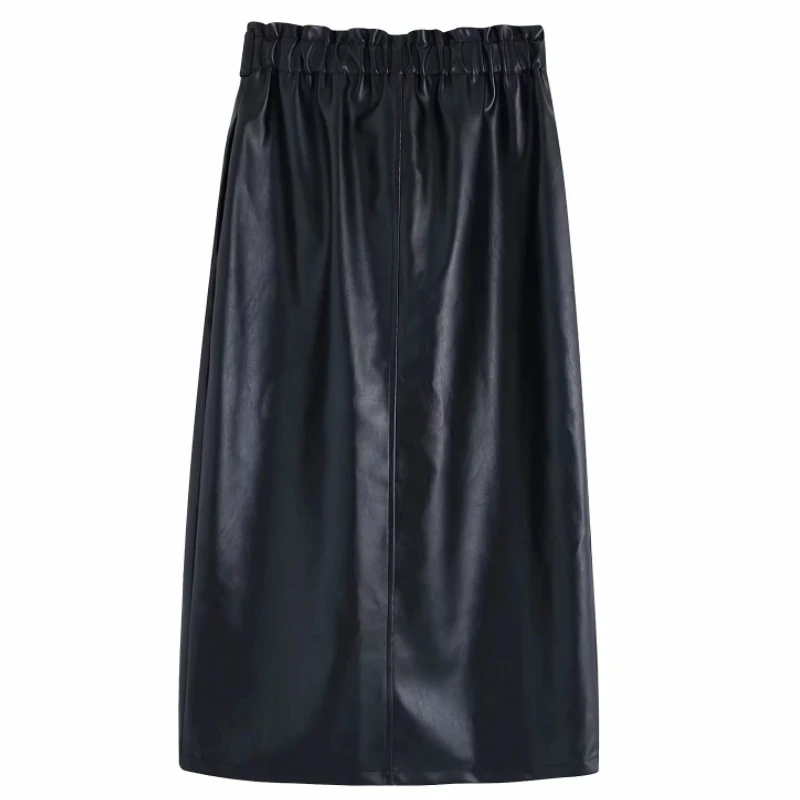 Женская модная прямая юбка из искусственной кожи, украшенная бантом; faldas mujer; шикарное миди-юбка с эластичным поясом и пуговицами; QUN520