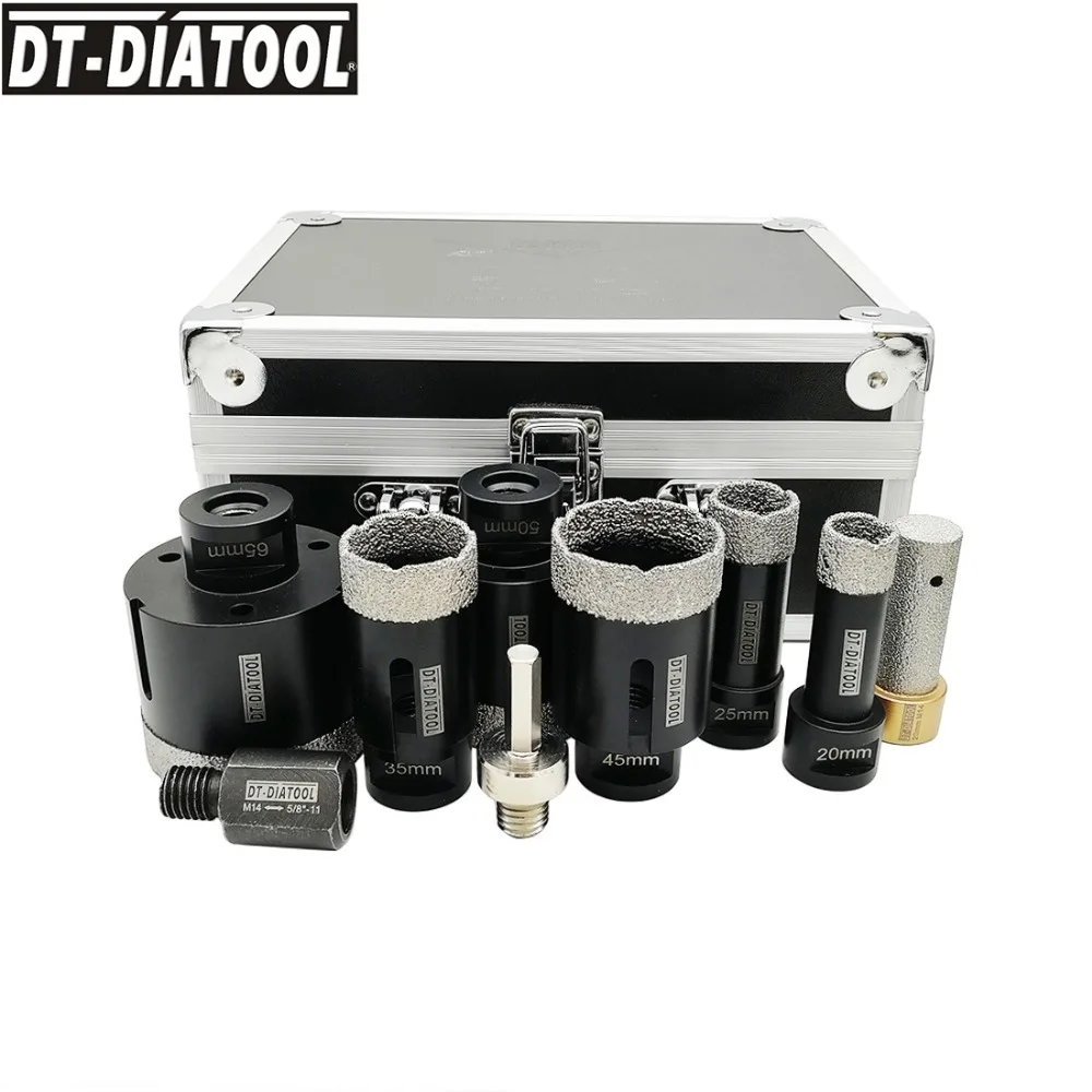 DT-DIATOOL, 9 шт./комплект, M14, Вакуумные Паяные алмазные сверла, набор сверл смешанного размера, кольцевая пила, пальцевое долото и адаптер для плиточного камня