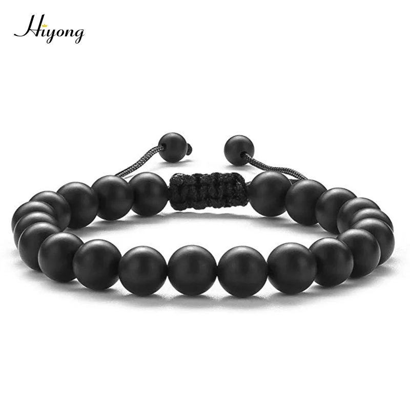 Black Matte HIYONG 8 мм браслет из камня тигровый глаз плетеный браслет регулируемый черный матовый Шарм целебный баланс бусины Йога браслет для мужчин - Окраска металла: Black Matte