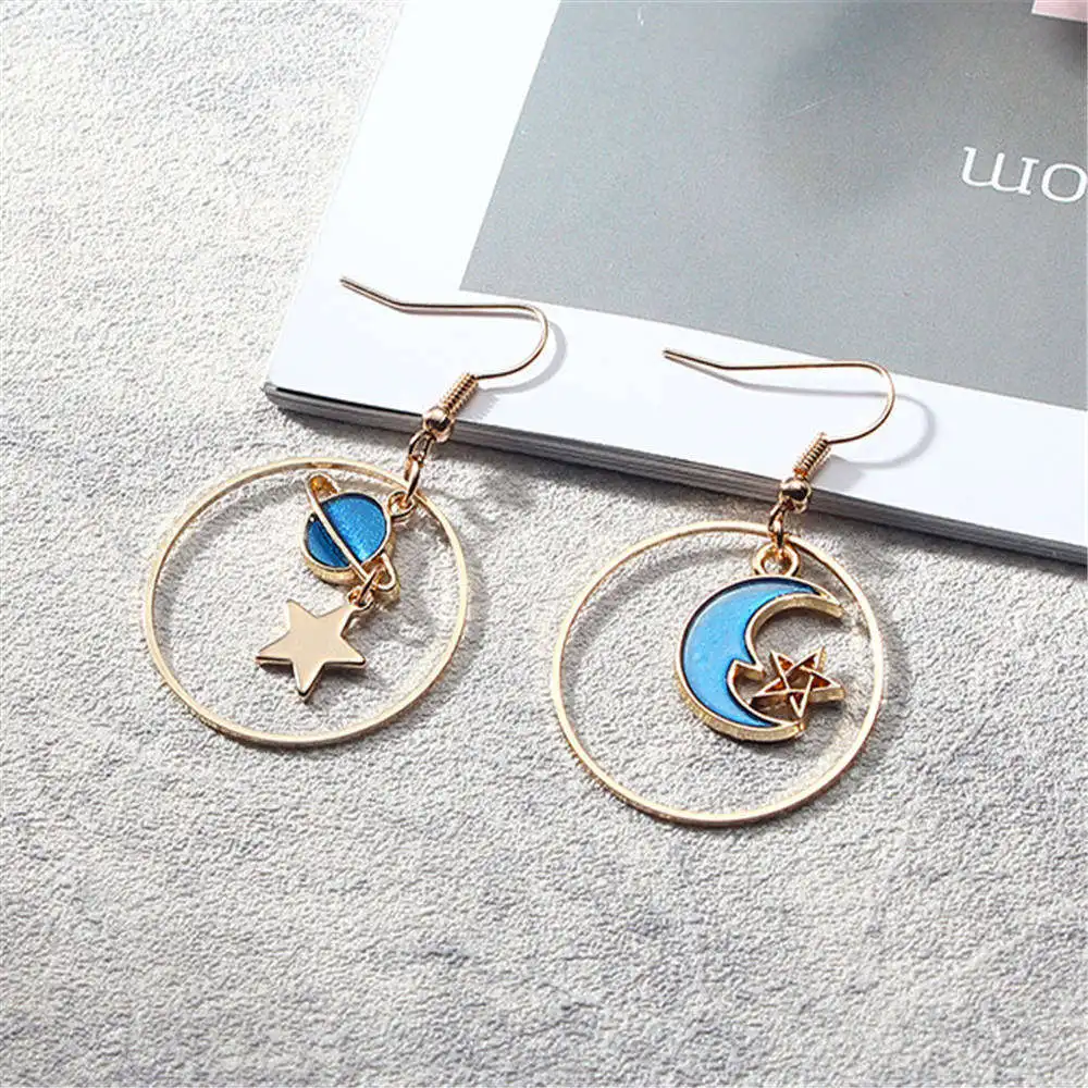 New fashion blue star moon long earrings female models girls pendant earrings temperament jewelry - Окраска металла: 2