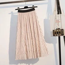 Модная женская плиссированная юбка в полоску до середины икры, милая однотонная женская юбка Harajuku, повседневная женская юбка миди с эластичной талией