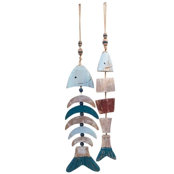 

2PCS Retro Country Solid Wood Fish String Fish Pendant Antique Decorative Fish String