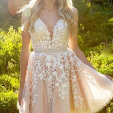 Шампанское V шеи Кружева бисером выпускного вечера платье короткие мини летние платья на выпускной, вечер встречи выпускников A-Line синие Коктейльные Вечерние платья