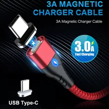 Jetjoy светодиодный магнитный usb type-C 3A кабель для быстрой зарядки дата синхронизации быстрое заряднеое устройство нейлоновый Плетеный для samsung huawei Google, HTC