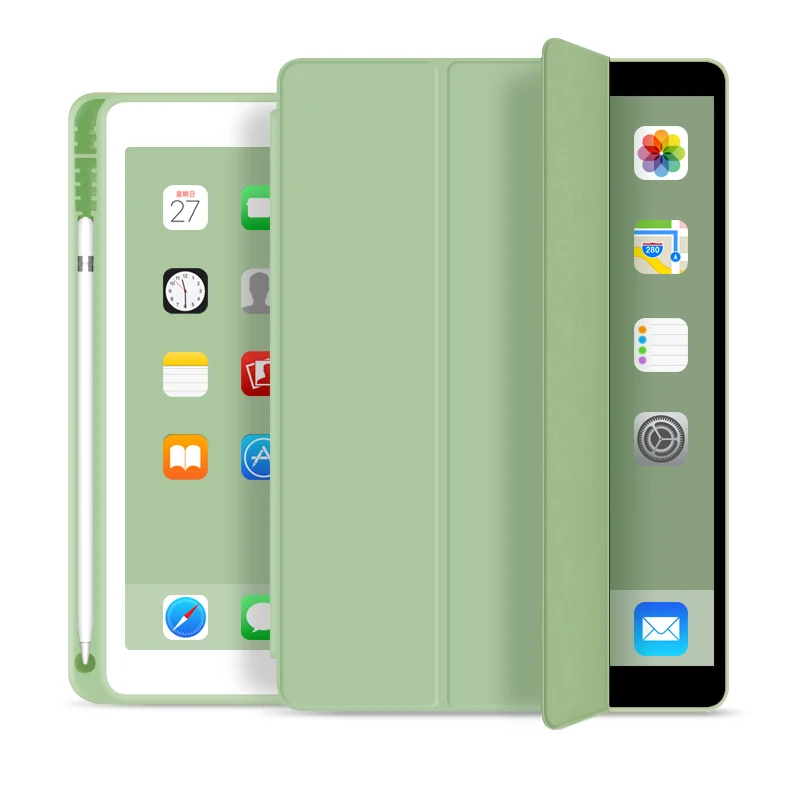Для нового iPad 10,2 дюймов 7th Gen чехол с держателем для карандашей, тонкий трехскладной PU кожаный смарт-чехол просыпается - Цвет: Green