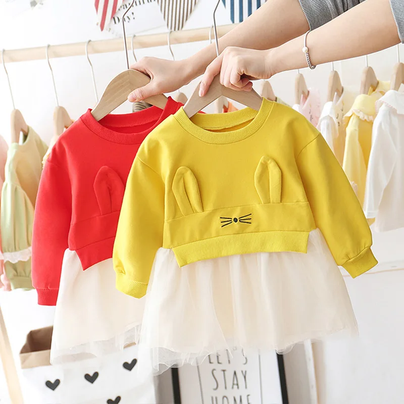 WLG Girls Cute Dresses Kids Spring Autumn Pink Red Yellow Mesh Patchwork Dress Baby Girl Princess Party Clothes for 1-3 Years