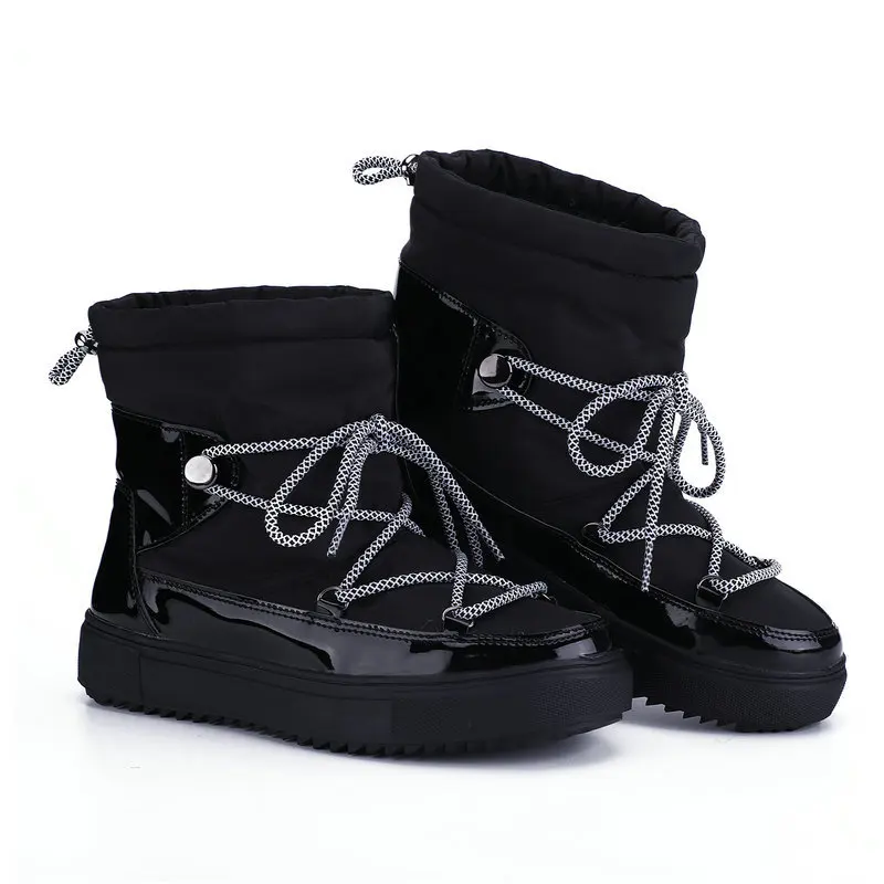 New Leather Woman Snow Boots Natural Fur Snow Boots Warm Wool Women's Lace-Up Round Toe Flat with Winter Boots Botas Mujer