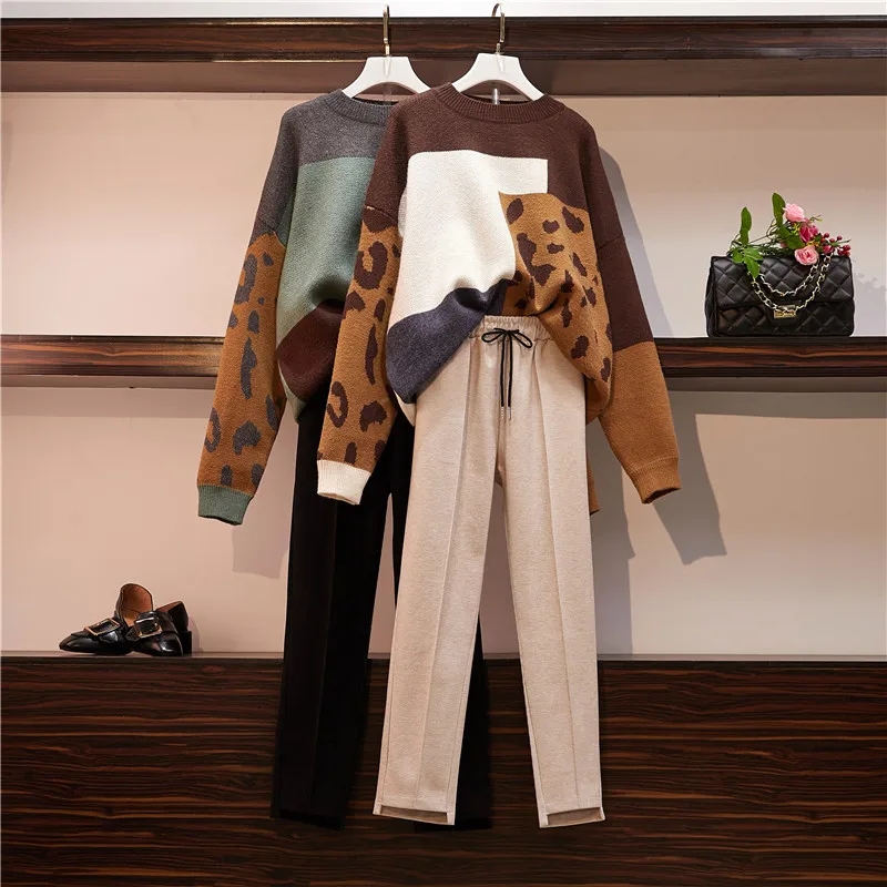 

HAMALIEL Oversize Loose Sweater 2 Piece Set Fall Winter Leopard Print Patchwork Knitted Lazy Pullovers + Pencil Woolen Pants Set