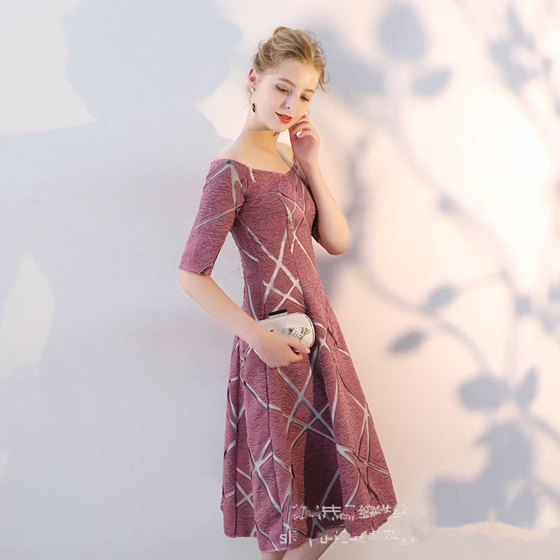 Коктейльное платье Skyyue, вырез лодочкой, с открытыми плечами, Vestido De Coctel, рукав до локтя, а-силуэт, платье длиной до середины икры, коктейльное платье LX354