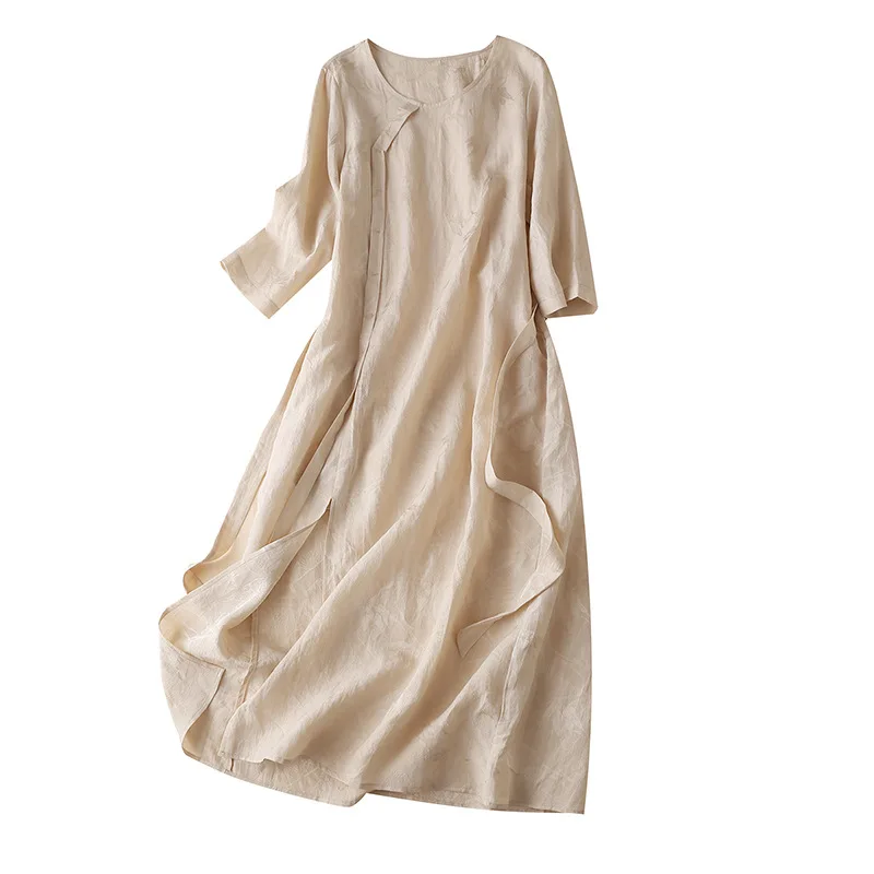 

Thin Summer Cotton Linen Blend Dress with 3/4 Sleeve Straight Chinese Style Mid-Calf Solid Vestidos Novos De 2020 yellow
