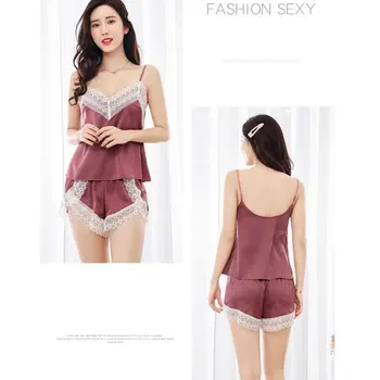 

Summer Pijama Sexy Mujer Sleepwear Pajama Set Sexy Lace Top And Shorts Pyjamas Strap Sleepwear High Elastic Pyjama Home Nightie