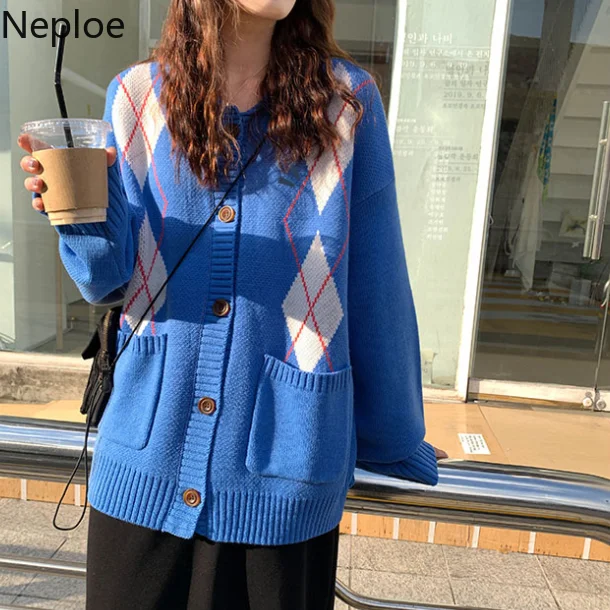Neploe Preppy Style Vintage Sweater Coat Contrast Color Argyle Knitted Cardigan Korean Autumn Winter Causal Jumper Jacket 55588