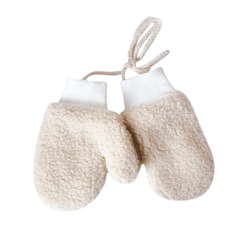 1 пара, плюшевая перчатка, детские перчатки для малышей, плотные, для мальчиков и девочек, одноцветные, Мультяшные, с веревкой, перчатки, полный палец, теплые, вязаные, варежки, перчатки - Цвет: Beige