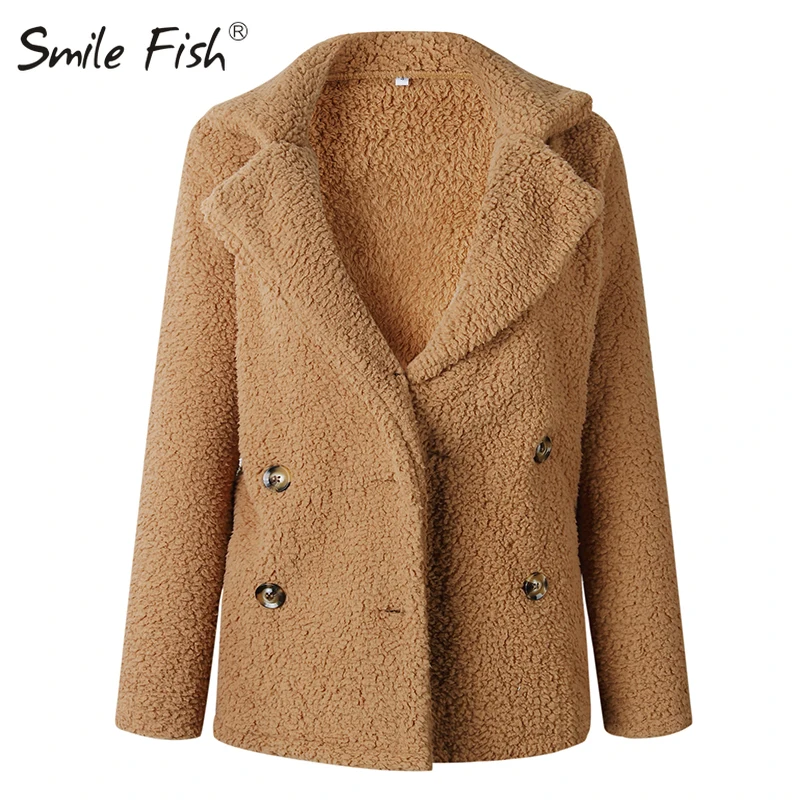 remarkable  Plush Teddy Jackets Warm Winter Women Coat Buttons Solid Turn Down Collar Plus Size Coats 3XL Pocke
