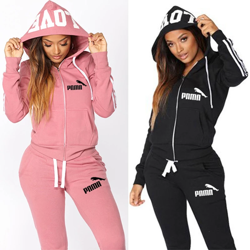

2020 Women Tracksuit 2 Piece Set Hooded Pants Suits Solid Casual Female Clothes With Pockets Zipper Conjunto Feminino Plus Size