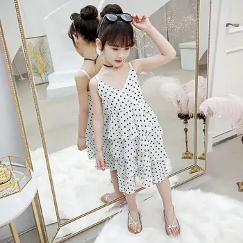 

2020 New Summer Fashion Teens Girls Chiffon Polka Dots Dress Kids Ruffles V-neck Dresses For Baby Girl Vacation Beach Clothes