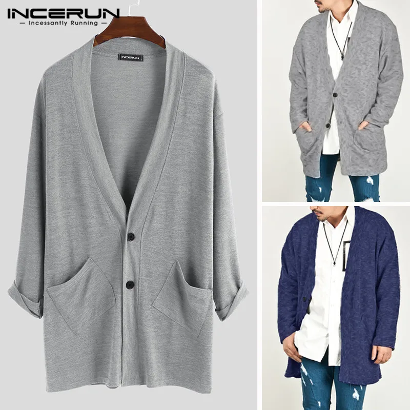 

2019 Autumn Men Cardigan Outerwear Long Sleeve Streetwear Button Up Pockets Loose Cardigan Solid Color Men Sweater Coats INCERUN