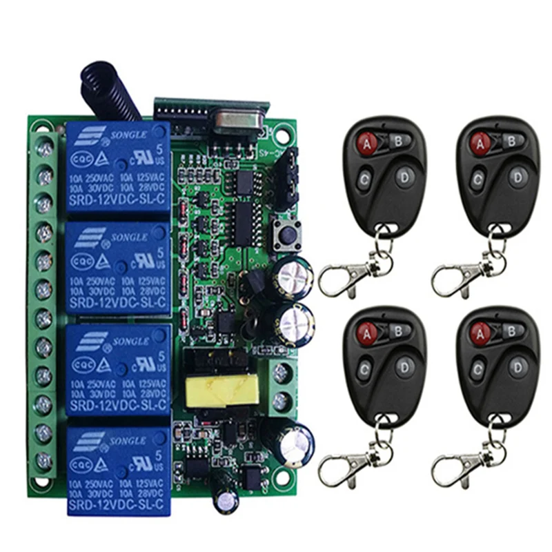 

Universal AC110V 220V 230V 10A Relay 4CH 4 CH Wireless RF Remote Control Switch Transmitter+Receiver Module,315 / 433 MHz